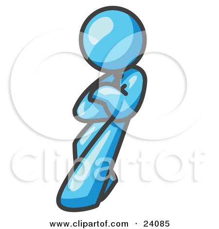 Clipart Illustration of a Light Blue Man With an Attitude, His Arms Crossed, Leaning Against a Wall by Leo Blanchette