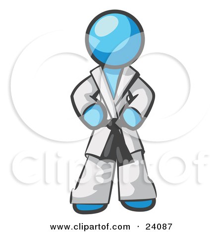 Clipart Illustration of a Tough Light Blue Man In A White Karate Suit And A Black Belt, Standing With His Hands On His Hips by Leo Blanchette
