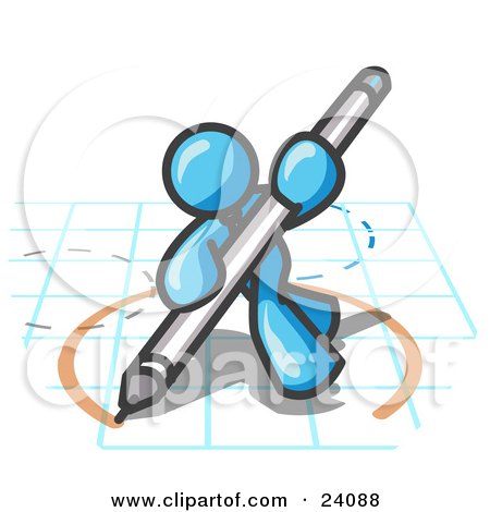 Clipart Illustration of a Light Blue Man Holding a Pencil and Drawing a Circle on a Blueprint by Leo Blanchette