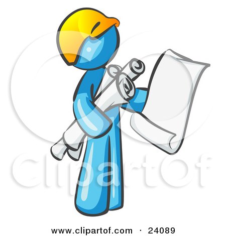 Clipart Illustration of a Light Blue Man Contractor Or Architect Holding Rolled Blueprints And Designs And Wearing A Hardhat by Leo Blanchette