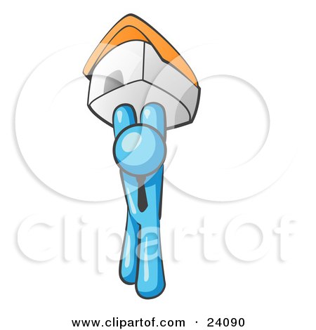 Clipart Illustration of a Light Blue Man Holding Up A House Over His Head, Symbolizing Home Loans and Realty by Leo Blanchette