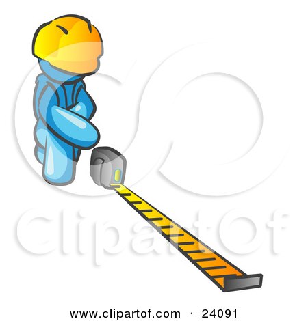 Clipart Illustration of a Light Blue Man Contractor Wearing A Hardhat, Kneeling And Measuring by Leo Blanchette