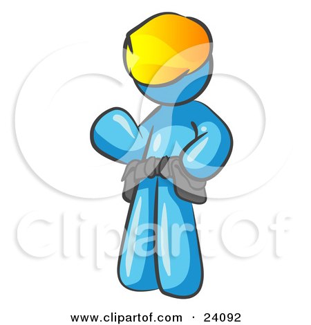 Clipart Illustration of a Friendly Light Blue Construction Worker Or Handyman Wearing A Hardhat And Tool Belt And Waving by Leo Blanchette
