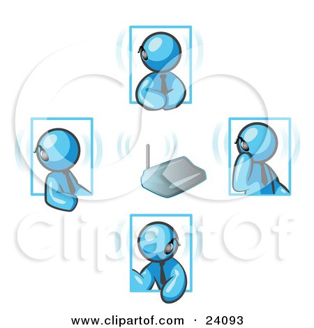 Clipart Illustration of a Group of Four Light Blue Men Holding A Phone Meeting And Wearing Wireless Bluetooth Headsets by Leo Blanchette