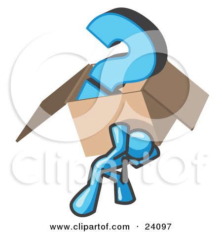 Clipart Illustration of a Light Blue Man Carrying a Heavy Question Mark in a Box by Leo Blanchette