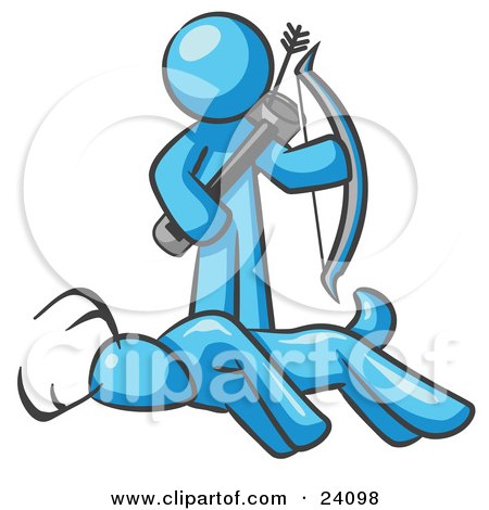 Clipart Illustration of a Light Blue Man, A Hunter, Holding A Bow And Arrow Over A Dead Buck Deer by Leo Blanchette