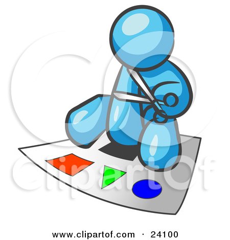 Clipart Illustration of a Light Blue Man Holding A Pair Of Scissors And Sitting On A Large Poster Board With Colorful Shapes by Leo Blanchette