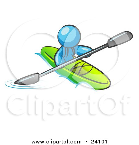 Clipart Illustration of a Light Blue Man Paddling Down A River In A Green Kayak by Leo Blanchette