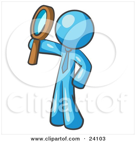 Clipart Illustration of a Light Blue Man Holding Up A Magnifying Glass And Peering Through It While Investigating Or Researching Something  by Leo Blanchette