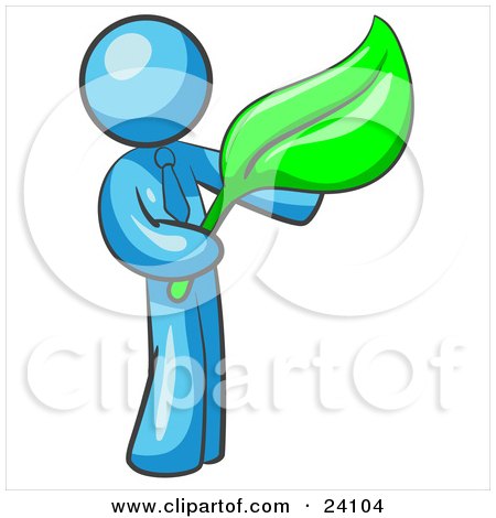 Clipart Illustration of a Light Blue Man Holding A Green Leaf, Symbolizing Gardening, Landscaping Or Organic Products by Leo Blanchette