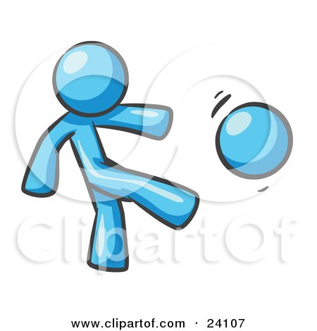 Clipart Illustration of a Light Blue Man Kicking A Ball Really Hard While Playing A Game by Leo Blanchette