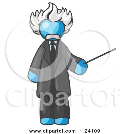 Clipart Illustration of a Light Blue Man Depicted as Albert Einstein Holding a Pointer Stick by Leo Blanchette