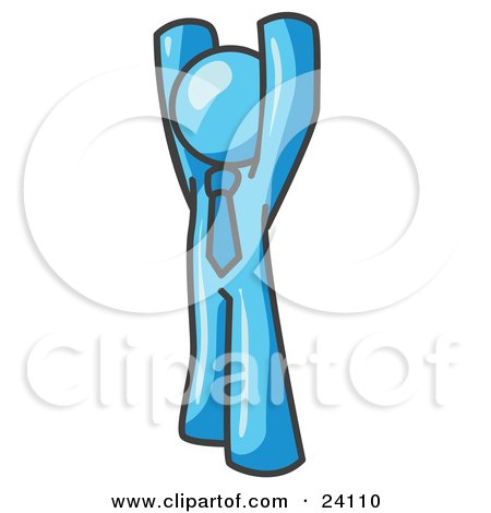 Clipart Illustration of a Light Blue Man Standing With His Arms Above His Head by Leo Blanchette