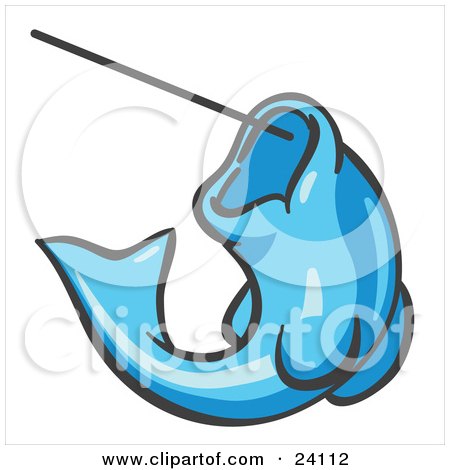 Clipart Illustration of a Light Blue Fish Jumping Up And Biting A Hook On A Fishing Line by Leo Blanchette