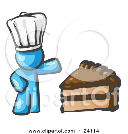Clipart Illustration of a Light Blue Chef Man Wearing A White Hat And Presenting A Tasty Slice Of Chocolate Frosted Cake by Leo Blanchette