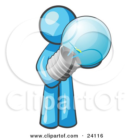 Clipart Illustration of a Light Blue Man Holding A Glass Electric Lightbulb, Symbolizing Utilities Or Ideas by Leo Blanchette