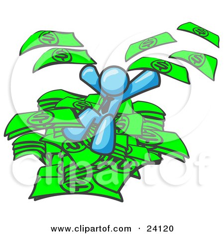 Clipart Illustration of a Light Blue Business Man Jumping in a Pile of Money and Throwing Cash Into the Air by Leo Blanchette