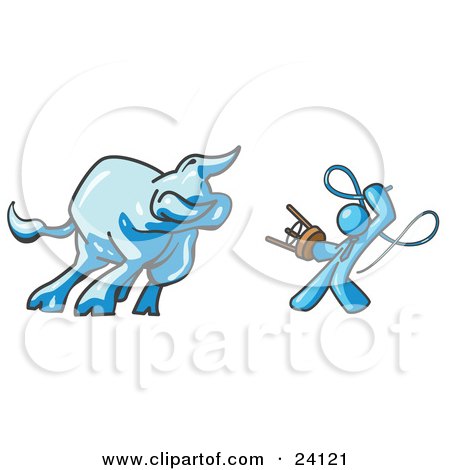 Clipart Illustration of a Light Blue Man Holding a Stool and Whip While Taming a Bull, Bull Market by Leo Blanchette