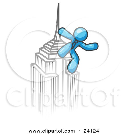 Clipart Illustration of a Light Blue Man Climbing to the Top of a Skyscraper Tower Like King Kong, Success, Achievement by Leo Blanchette