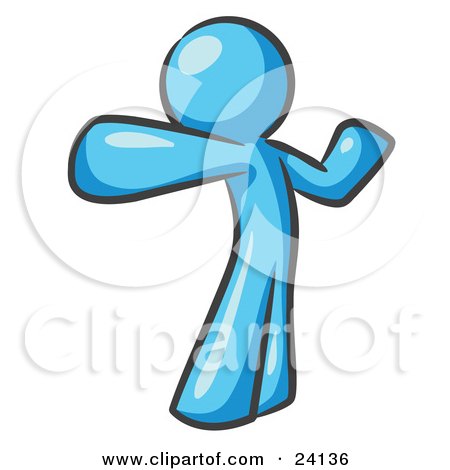 Clipart Illustration of a Light Blue Man Stretching His Arms And Back Or Punching The Air by Leo Blanchette