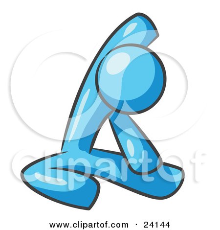 Clipart Illustration of a Light Blue Man Sitting On A Gym Floor And Stretching His Arm Up And Behind His Head by Leo Blanchette