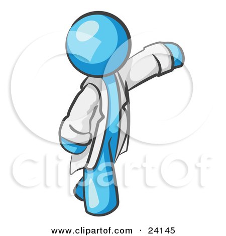 Clipart Illustration of a Light Blue Scientist, Veterinarian Or Doctor Man Waving And Wearing A White Lab Coat by Leo Blanchette