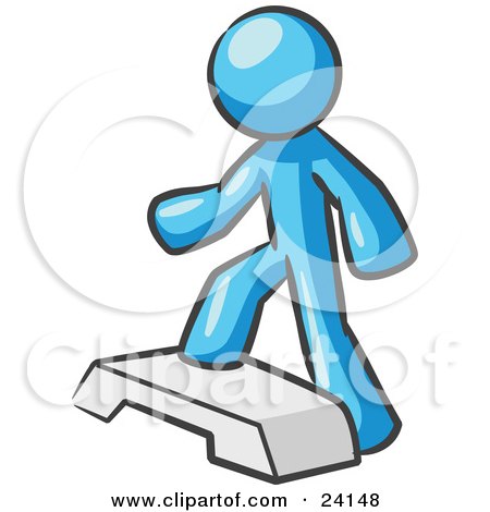 Clipart Illustration of a Light Blue Man Doing Step Ups On An Aerobics Platform While Exercising by Leo Blanchette