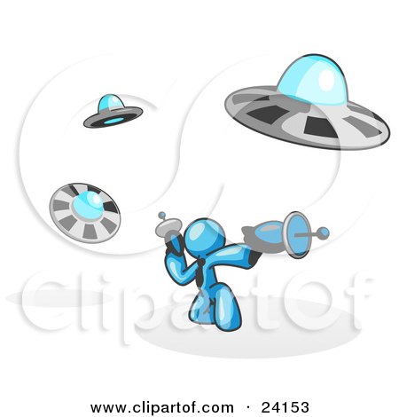 Clipart Illustration of a Light Blue Man Fighting Off UFO's With Weapons by Leo Blanchette