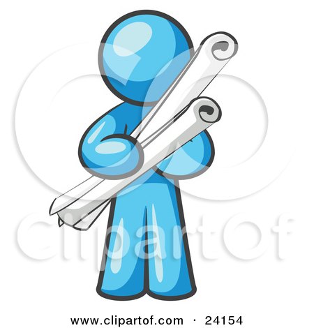 Clipart Illustration of a Light Blue Man Architect Carrying Rolled Blue Prints And Plans by Leo Blanchette