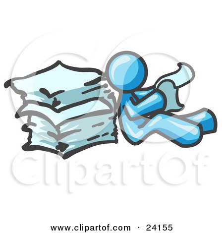 Clipart Illustration of a Light Blue Man Leaning Against a Stack of Papers by Leo Blanchette