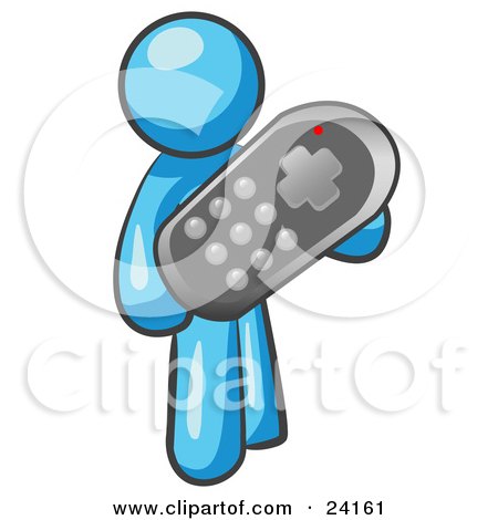 Clipart Illustration of a Light Blue Man Holding A Remote Control To A Television by Leo Blanchette