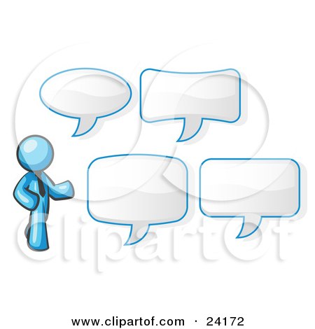 Clipart Illustration of a Light Blue Businessman With Four Different Word Bubbles by Leo Blanchette