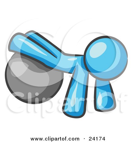 Clipart Illustration of a Light Blue Man Strength Training His Arms And Legs While Using A Yoga Exercise Ball by Leo Blanchette