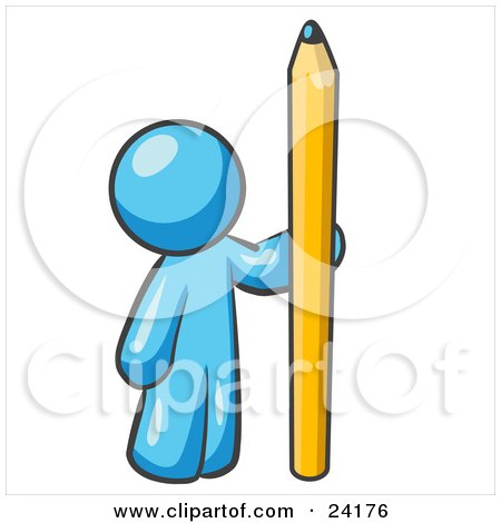 Clipart Illustration of a Light Blue Man Holding Up And Standing Beside A Giant Yellow Number Two Pencil by Leo Blanchette
