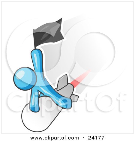 Clipart Illustration of a Light Blue Man Waving A Flag While Riding On Top Of A Fast Missile Or Rocket, Symbolizing Success by Leo Blanchette