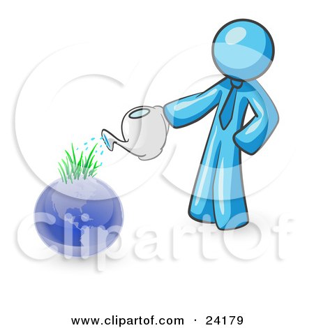 Clipart Illustration of a Light Blue Man Using A Watering Can To Water New Grass Growing On Planet Earth, Symbolizing Someone Caring For The Environment by Leo Blanchette