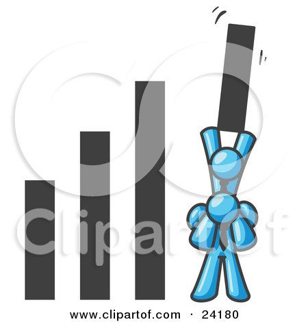Clipart Illustration of a Light Blue Man on Another Man's Shoulders, Holding up a Bar in a Graph by Leo Blanchette