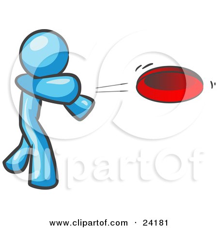 Clipart Illustration of a Light Blue Man Tossing A Red Flying Disc Through The Air For Someone To Catch by Leo Blanchette