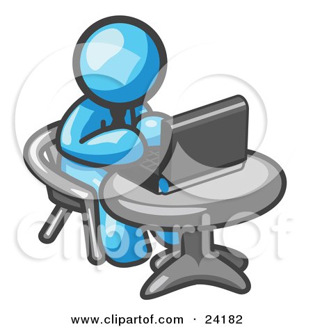 Clipart Illustration of a Light Blue Man Working On A Laptop Computer In An Office by Leo Blanchette
