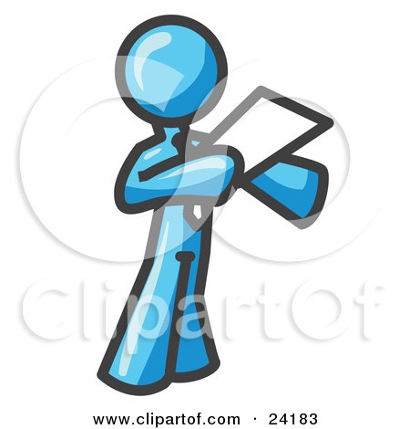 Clipart Illustration of a Light Blue Businessman Holding a Piece of Paper During a Speech or Presentation by Leo Blanchette