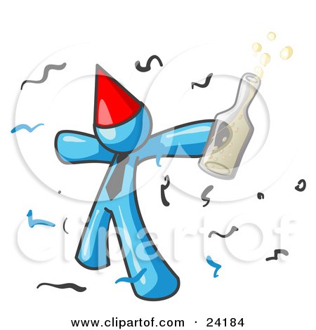 Clipart Illustration of a Happy Light Blue Man Partying With a Party Hat, Confetti and a Bottle of Liquor by Leo Blanchette