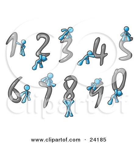 Clipart Illustration of Light Blue Men With Numbers 0 Through 9 by Leo Blanchette