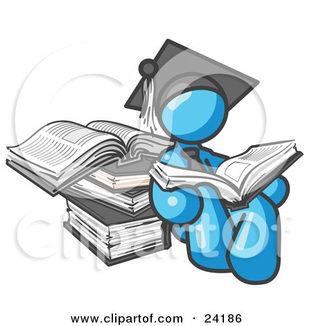 Clipart Illustration of a Light Blue Male Student in a Graduation Cap, Reading a Book and Leaning Against a Stack of Books by Leo Blanchette