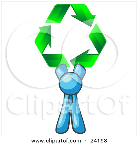 Clipart Illustration of a Light Blue Man Holding Up Three Green Arrows Forming A Triangle And Moving In A Clockwise Motion, Symbolizing Renewable Energy And Recycling by Leo Blanchette