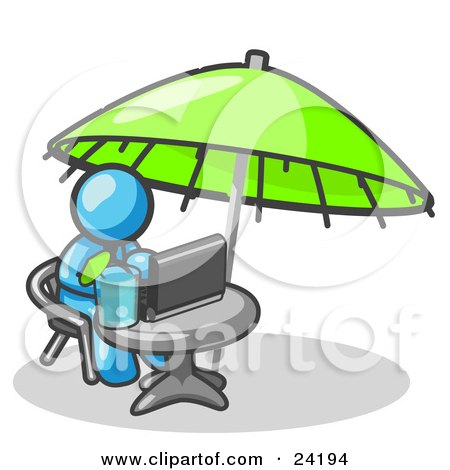 Clipart Illustration of a Traveling Light Blue Business Man Sitting Under an Umbrella at a Table Using a Laptop Computer  by Leo Blanchette