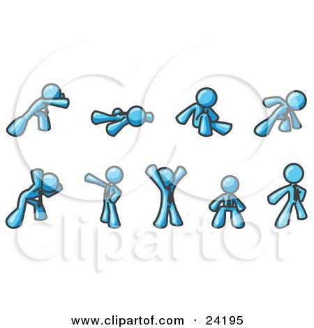 Clipart Illustration of a Light Blue Man Doing Different Exercises and Stretches in a Fitness Gym  by Leo Blanchette