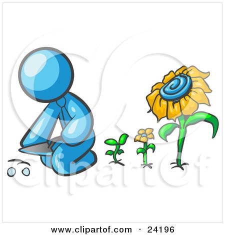 Clipart Illustration of a Light Blue Man Kneeling By Growing Sunflowers To Plant Seeds In A Dirt Hole In A Garden by Leo Blanchette