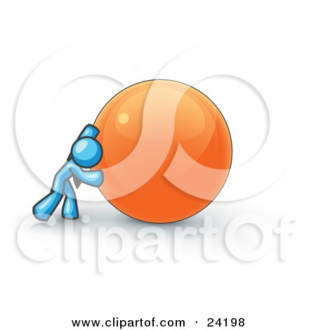 Clipart Illustration of a Strong Light Blue Business Man Pushing an Orange Sphere  by Leo Blanchette