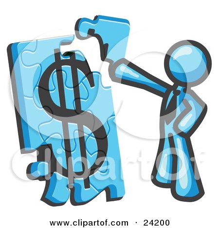 Clipart Illustration of a Light Blue Businessman Putting a Dollar Sign Puzzle Together by Leo Blanchette
