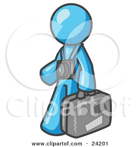 Clipart Illustration of a Light Blue Male Tourist Carrying His Suitcase and Walking With a Camera Around His Neck by Leo Blanchette